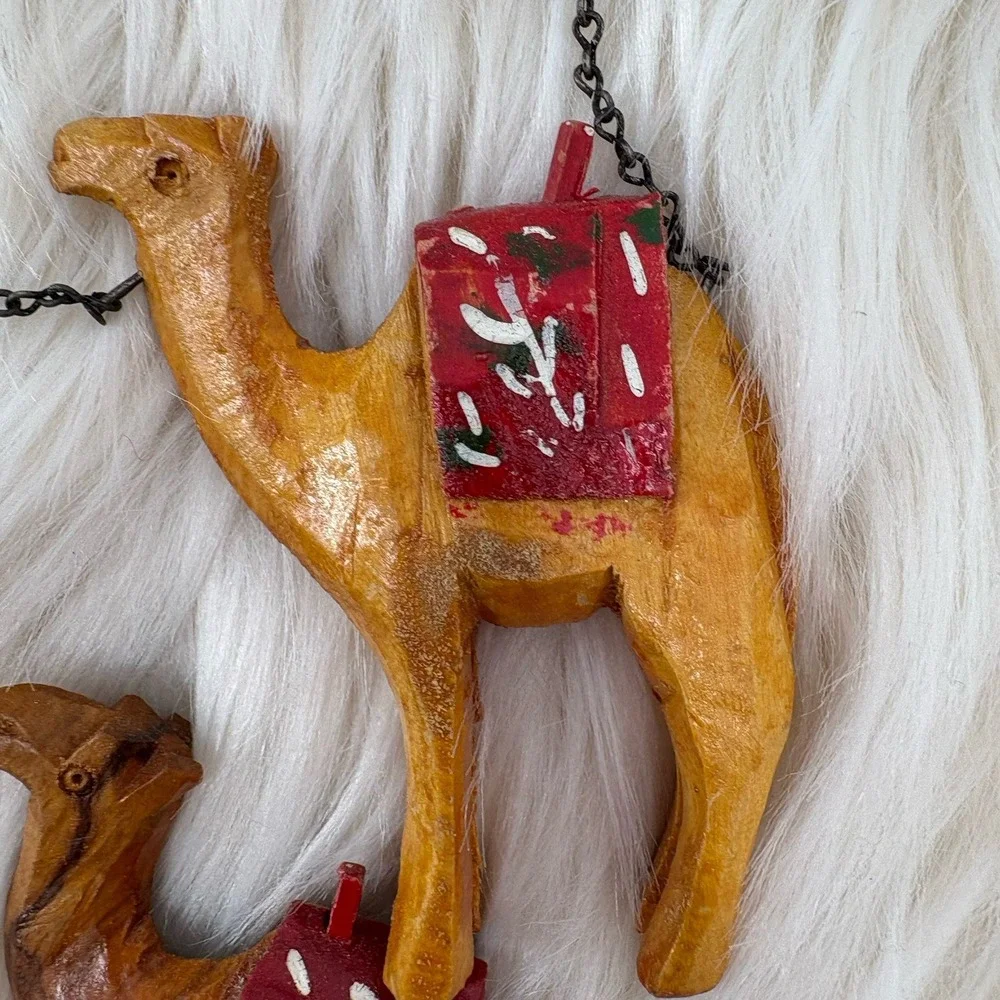 Vintage Donkey &‎ Camel Train Figurines Hand Carved Olive Wood Jerusalem caravan